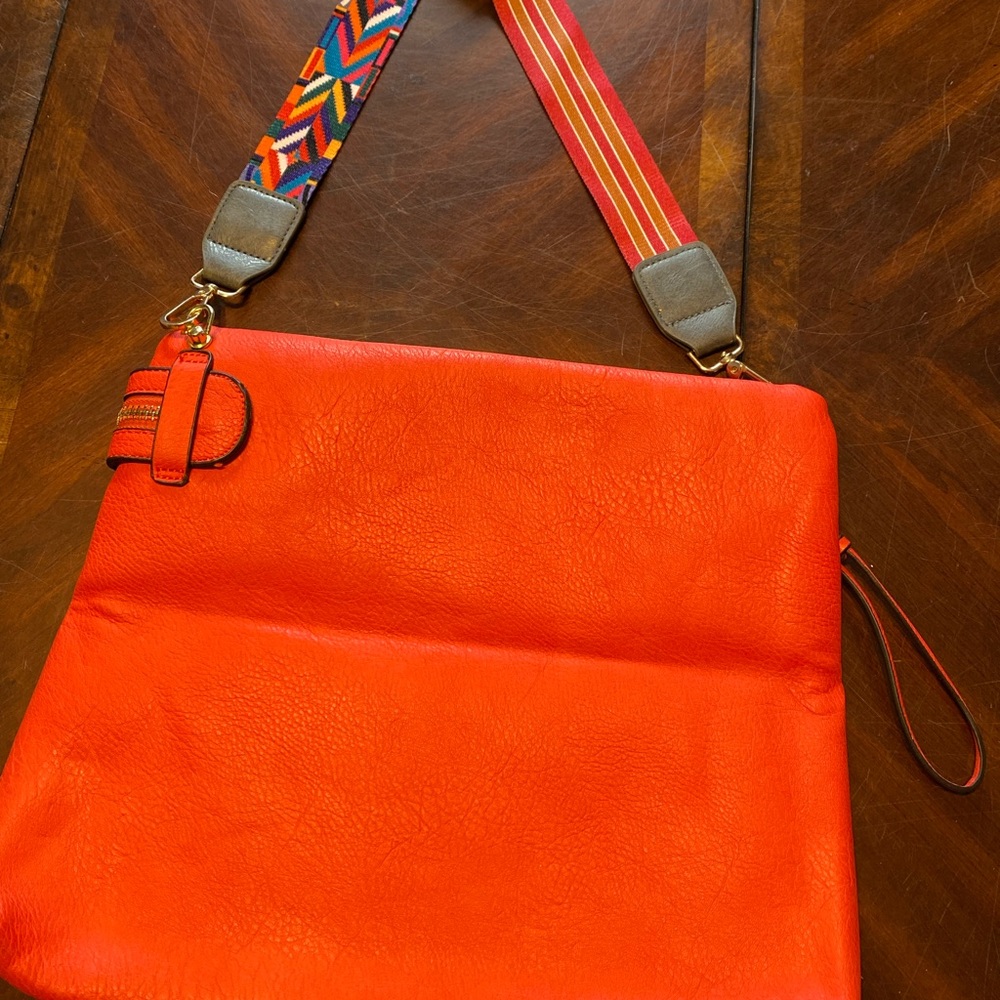 Vibrant Orange Shoulder Bag with Removable Patterned Strap - Picture 3 of 5